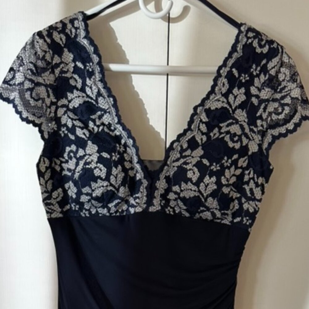 Betsy & Adam Women's Navy Short Sleeve Ankle-Length Sheath Evening Dress Size 12